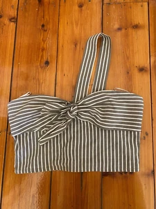 Bec and Bridge Womens Sz 10 Striped Khaki White One Shoulder Strap Crop Top Bow - Picture 1 of 3
