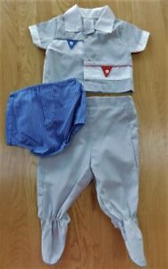 Vintage Boy's CRADLE TOGS 3-Piece Outfit Set~Gray/Red/Blue Footed/Diaper Cover +