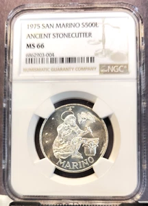 1975 SAN MARINO SILVER 500 LIRE ANCIENT STONECUTTER NGC MS 66 GEM BU - Picture 1 of 3