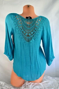IZ BYER (S) Blouse Linen Look Crochet Back Tie Front Neck Smocked CERULEAN BLUE - Picture 1 of 10