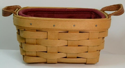 Longaberger Basket  Double Leather Handles Red Fabric Liner 2003 Signed Cover