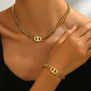 Gold Cuban Chain Jewelry Set – Necklace & Bracelet – Trendy Hiphop Style – 2 Pcs - Picture 1 of 24