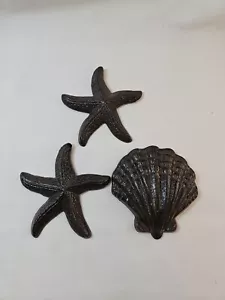 Set of 3 Cast Iron SEASHELL Decor Seastar Starfish Scallop 3.5" Nautical Ocean - Picture 1 of 6