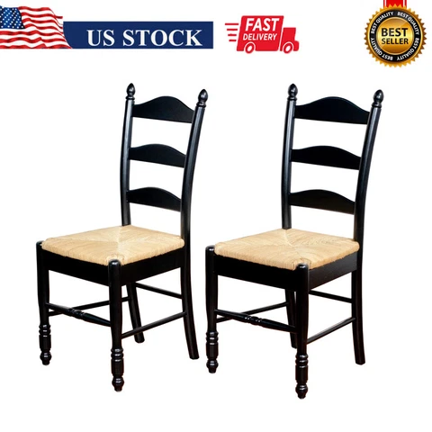 2 PACK Ladder Back Rush Seat Chairs Wood Dining Chair Living Room Kitchen Home Cover