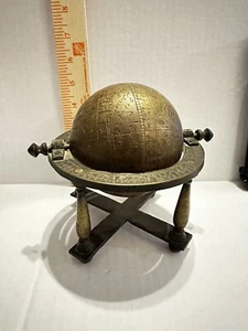 Unique Old Brass Globe Sphere With Etchings On Stand - Picture 1 of 9