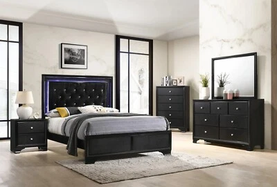 NEW Black L.E.D. Lighting 5PC Queen King Twin Full Modern Bedroom Set B/D/M/N/C - Image 1 of 4