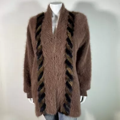 80% Angora Fuzzy Vintage CONNIE A LEE Brown Fur Trim Sweater Coat 44 in bust - Image 1 of 4