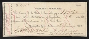 1862 5 $ Texas Treasury Warrant CIVIL WAR ERA 19985 - Bild 1 von 2