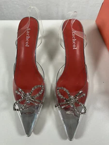 Aachcol Kitten Heel Sandals Clear Shoes Party Rhinestones Size 7 Pointed Toe NEW - Picture 1 of 9