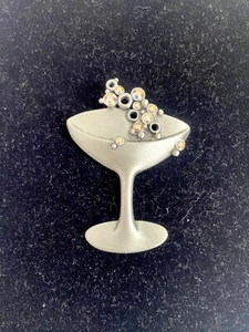 Vintage Martini Bronze Silver Tone brooch/pin With Rhinestones. 2 1/2 Inches - Picture 1 of 3
