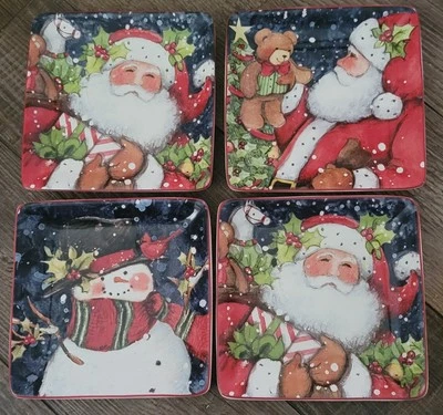 "Juego de 4 platos cuadrados de aperitivo de Navidad de 6"" de noche nevada: Susan Winget LEER Foto 1 de 4