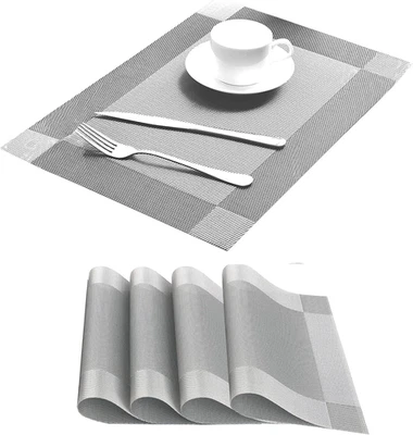 Silver Vinyl Heat Resistant Placemats Set of 4 for Kitchen Dining 18" X 12" - Image 1 of 4