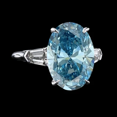 Anillo de diamantes de oro blanco IGI elegante azul vivo corte ovalado 3,80 quilates cultivado en laboratorio banda de 18 quilates Foto 1 de 4