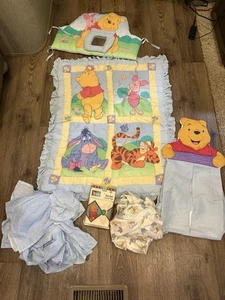 VTG 90s Winnie The Pooh Nursery & Crib Set Diaper Stacker Comforter Sheets Skirt - Picture 1 of 10
