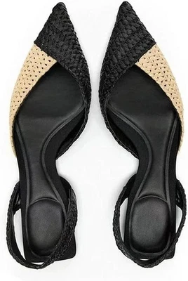 Zara Plano Tejido Rafia Trenzado Punta Punta Punta Slingback Pisos en Negro y Tostado 6.5 Nuevo con Etiquetas Foto 1 de 4