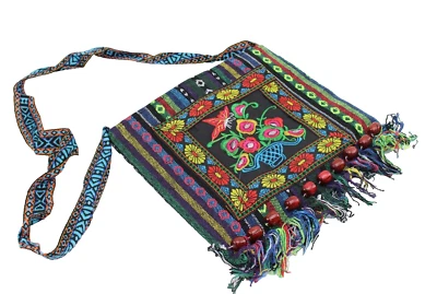 Ethnic Multicolor Embroidered Traditional Folk Style Shoulder Bag with Tassels - Image 1 of 4
