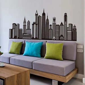 Black City Skyline Wall Stickers - City Building Silhouette Wall Decals - Boy... - Picture 1 of 2