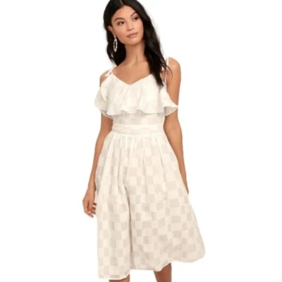 J.O.A. Vestido Joanie Volantes Midi Espagueti Hombro Corbata Semi Transparente Talla Pequeña Blanco Foto 1 de 4