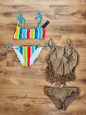 Nasty Gal Size 12 X 2 Bikinis  NEW/TAGS Brown/Bronze Tassel/Red Candy Stripe - Image 1 of 2