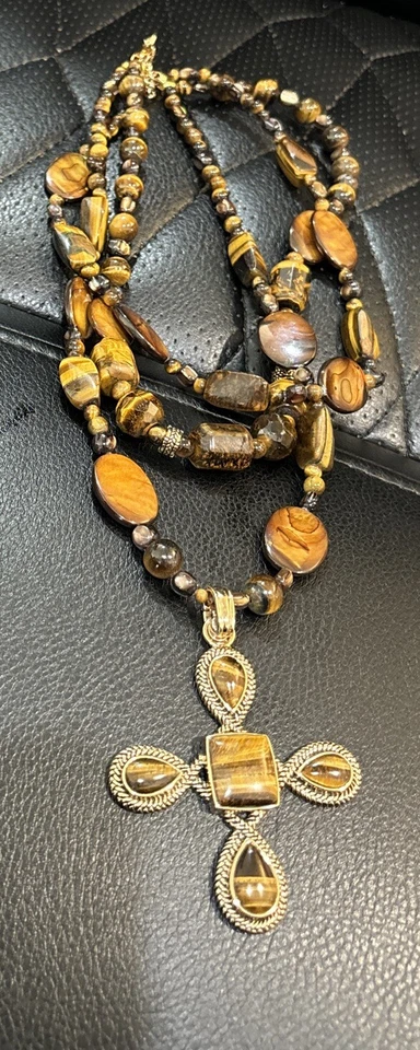 Barse Tigers Eye Gemstone Triple Strand Cross Chunky Statement Necklace - Image 1 of 4