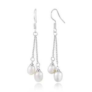 Modern Elegance Chained Freshwater Pearls Tassel Sterling Silver Dangle Earrings - Picture 1 of 5