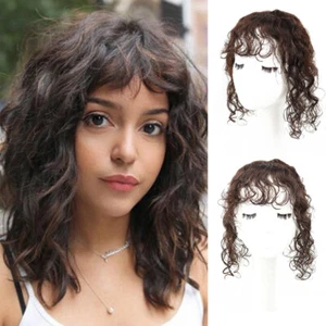 Women Fluffy Wavy Curly With Bangs in Hair Remy Human Hair Topper Wig Top Piece  - Picture 1 of 10