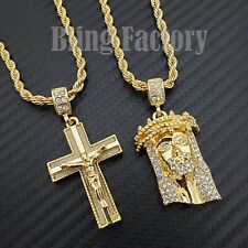 Hip Hop Gold PT Jesus & Cross Pendant & 4mm 24" Rope Chain 2 Bling Necklace set