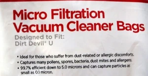 Lot 0f 2 Micro Filtration Vacuum Bags for Royal Dirt Devil Type U Uprights 4 Bag - Picture 1 of 3