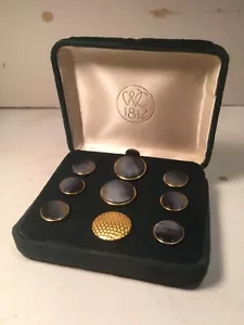 VINTAGE SET BUTTONS 1812 WATERBURY CONN GOLD PLATED? LABRADORITE ? VELVET BOX - Picture 1 of 6