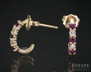 14k Yellow Gold Natural Ruby & Diamond J-Hoop Ladies Earrings 1.5g i19189 - Picture 1 of 4