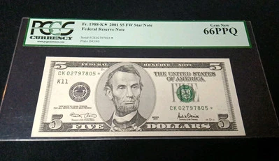 2001 $5 Dollar Star Note PCGS 66 PPQ - Image 1 of 2