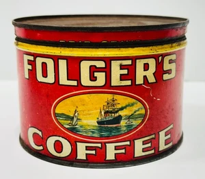 Vintage 1931 Folgers Kaffee 1 Pfund Blechdose mit Schiff mit Deckel mit Blumen - Bild 1 von 10
