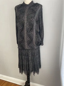 Vintage Black Rainbow Metallic 80s Dress Flapper Whimsigoth Fringe Drop Waist L - Picture 1 of 3