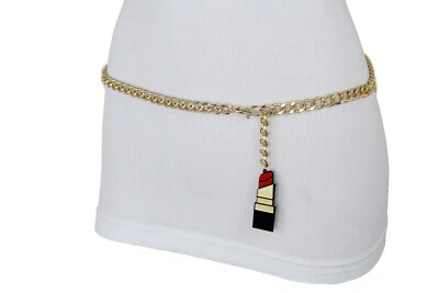 Cinturón de cadena de metal dorado para mujer cintura alta cadera rojo lápiz labial hebilla talla M L XL Foto 1 de 4