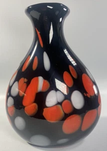 Beautiful Art Glass Vase Black with White & Orange Accents 10" - Picture 1 of 21