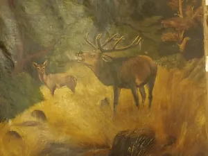 Antike Volkskunst Elch Öl auf Leinwand Gemälde unsigniert 22"x36" - Bild 1 von 13