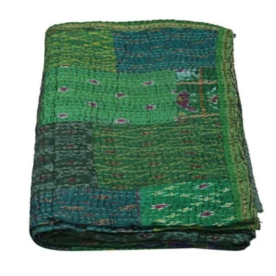 Colchas vintage de seda dupla verde boêmia Kantha reversíveis Kantha - Imagem 1 de 4
