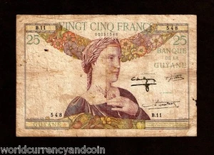 FRENCH GUIANA 25 FRANCS P-7 1933 SHIP WOMAN WORLD MONEY BILL COLONY BANK NOTE - Picture 1 of 1