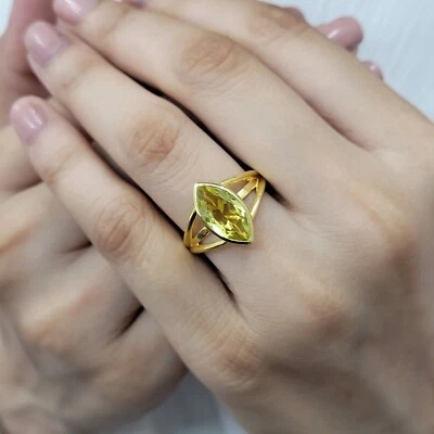 Anillo de compromiso de cuarzo limón natural corte marquesa oro 14K Vermeil anillo de promesa Foto 1 de 4