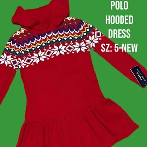 NEW-SZ 5 Polo-Ralph Lauren Girl Fair Isle Waffle-Knit Hooded Red Christmas Dress - Picture 1 of 12