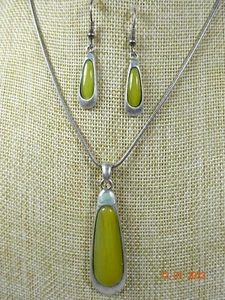 Natural Stone Necklace Earring Set Light Green Yellow Sterling Silver Chain - Picture 1 of 8