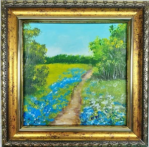 Bluebonnet Field Painting Texas small Artwork Hill Country Landscape Art Framed - Picture 1 of 9