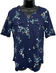 Croft & Barrow Women's Size MP Short Cuffed Sleeve V-Neck Henley Top Navy Floral - Picture 1 of 9