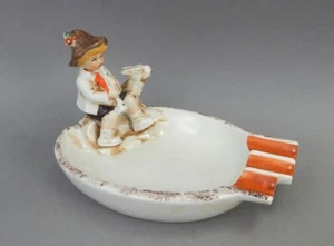 Antique Unger Schneider Germany Figural Porcelain Ashtray c 1875 Boy w Dog - Picture 1 of 4