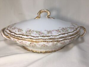 Th Haviland France Schleiger #844 OVAL COVERED BOWLS w/Roses & Double Gold-Multi