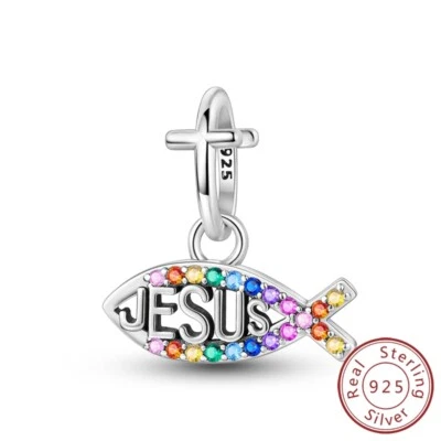 MULA Frauen 925 Sterling Silber DIY Charm Bunte CZ Kreuz und Fisch für Armband - Bild 1 von 4