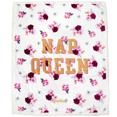 Justice "Nap Queen" Floral Sherpa Backed Throw Blanket, 50" x 60", Pink - Image 1 of 4