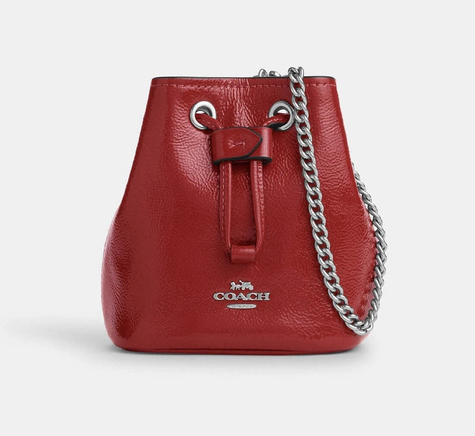 Coach Drawstring Wristlet Pouch Bag in Silver /Red Patent Leather CZ028