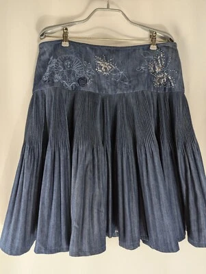 OILILY Embellished Drop Waist Pleats Denim Style Very Full Swing Skirt Sz 34 - Image 1 of 4