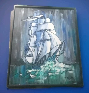 HOHES SEGELSCHIFF ORIGINAL MEERESLANDSCHAFT GEMÄLDE auf 25x21" Tafel gerahmt. Von Murphy - Bild 1 von 11